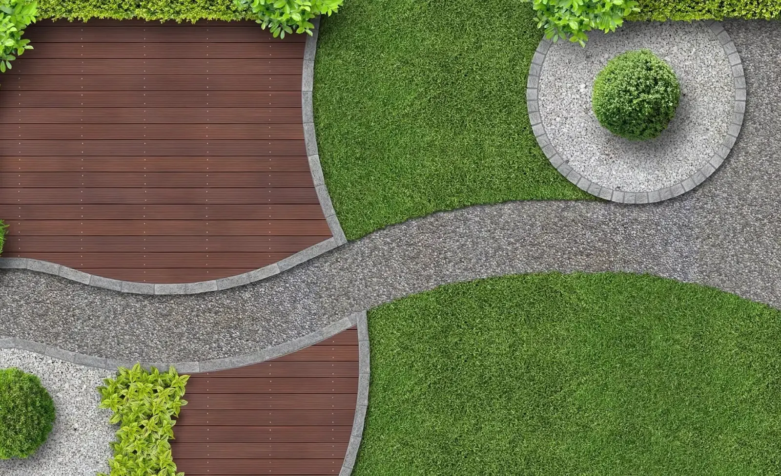 Custom backyard design plan with deck, gravel path and stone beds tailored to the property
